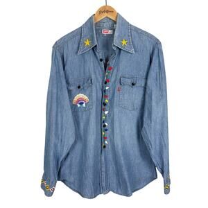 Levi's Vintage Chambray Orange Tab Custom Embroidered Long Sleeve Shirt L 70's